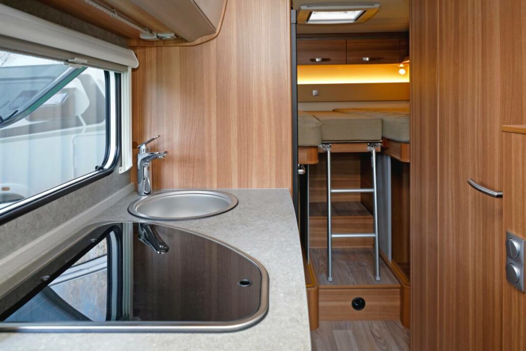 Closeup of RV kitchen and bedroom. 