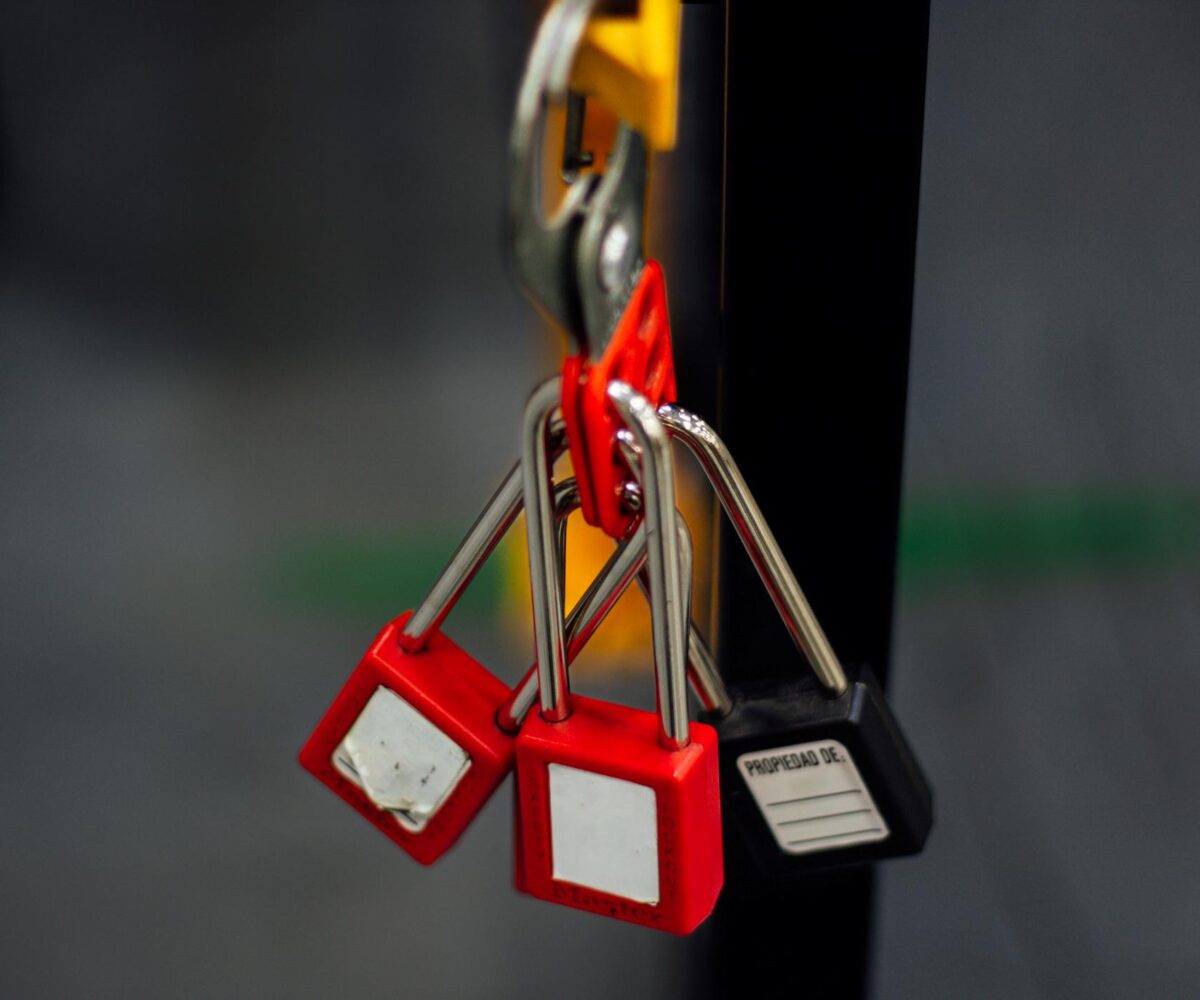 Three keyed padlocks shackled to a black door