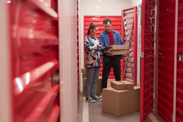 A man and woman moving belongings into a self storage unit.