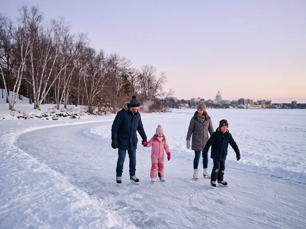 Family of four ice skating on a frozen lake in Madison, Wisconsin.