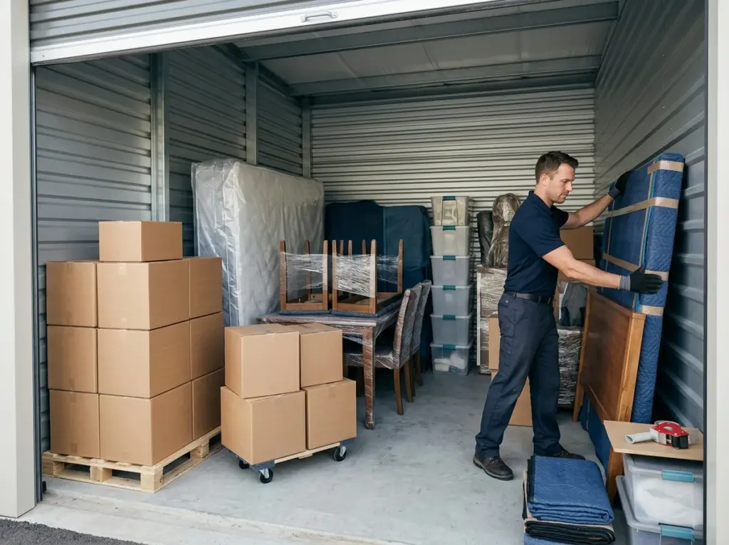 A man carefully leaning a mattress against a wall in his self storage unit.