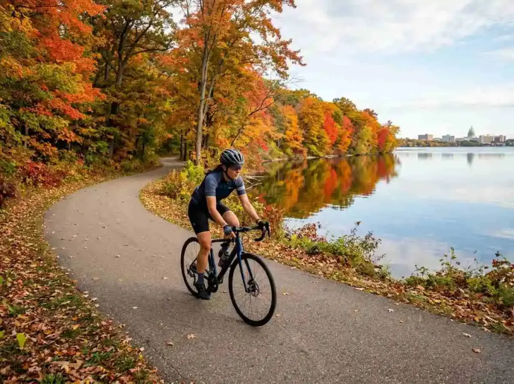 Cyclist riding along a lakeside path with the Madison, Wisconsin Capitol building visible across the water.