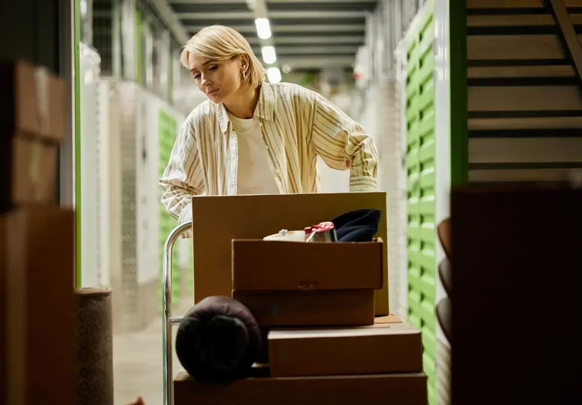 Woman looking through on a cart in a self-storage facility hallway.