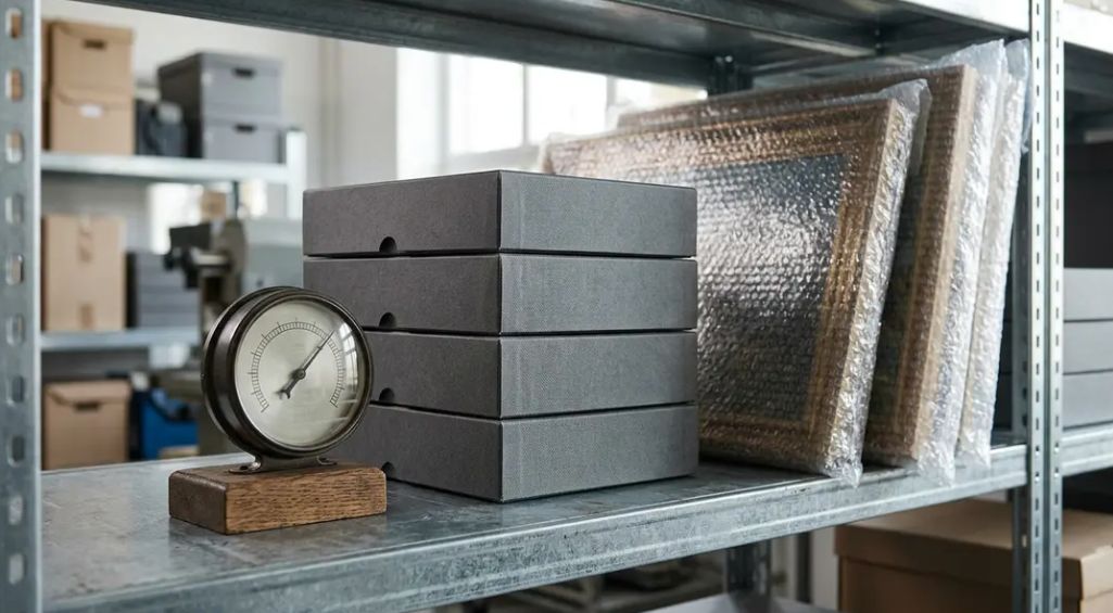 An analog thermometer sits beside stacked photo boxes and bubble-wrapped paintings on a metal storage shelf.