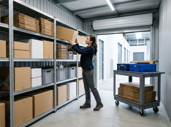 A small business owner stacks flat-packed boxes and crates in a clean storage unit beside a rolling cart.
