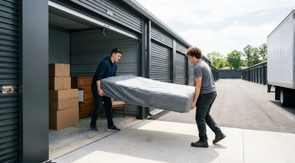 Two college roommates work together to move a mattress and furniture into a storage unit.