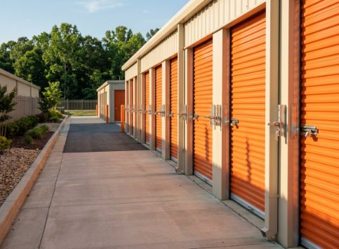 Row of clean orange storage unit doors with metal latches casting long shadows in warm afternoon sunlight.
