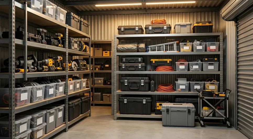 Organized storage unit with metal shelves holding labeled bins, tool cases, and power tools under warm lighting.