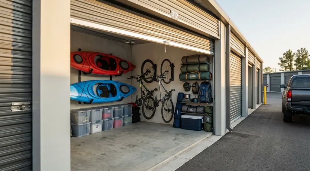 A bright drive-up storage unit holds kayaks, bicycles, and camping gear neatly arranged along concrete walls.