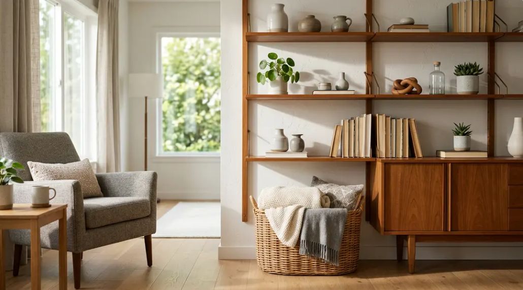 A tidy living room with organized shelves, a wicker basket of folded blankets, and minimal decor in warm light.