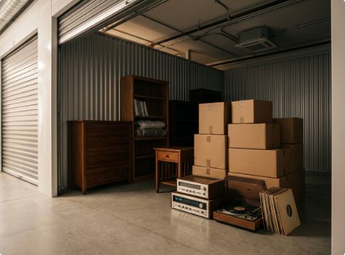 Wooden furniture, boxes, and vintage electronics arranged neatly in a dim storage unit with soft light at the door.