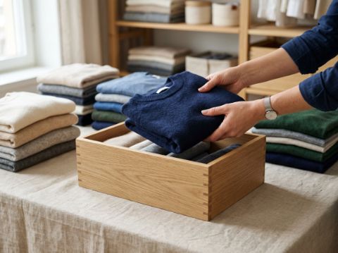 Hands place a folded sweater into a wooden box beside color-sorted seasonal clothes on a linen surface.